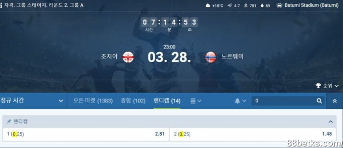 1xbet의 핸디캡 테이블 0.25