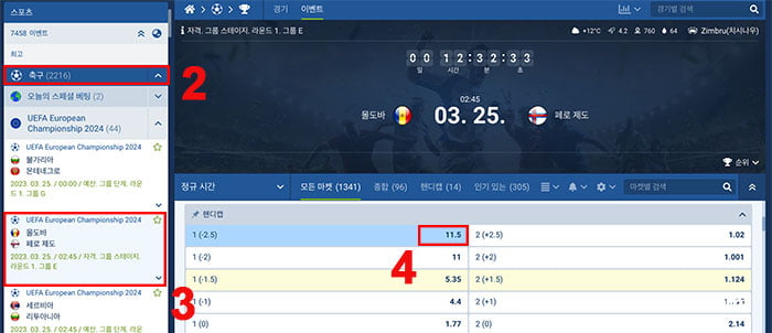 경기를 선택하고 핸디캡 베팅하기 2.5